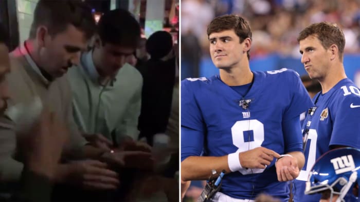Eli Manning and Daniel Jones play flip cup after Giants beat Redskins